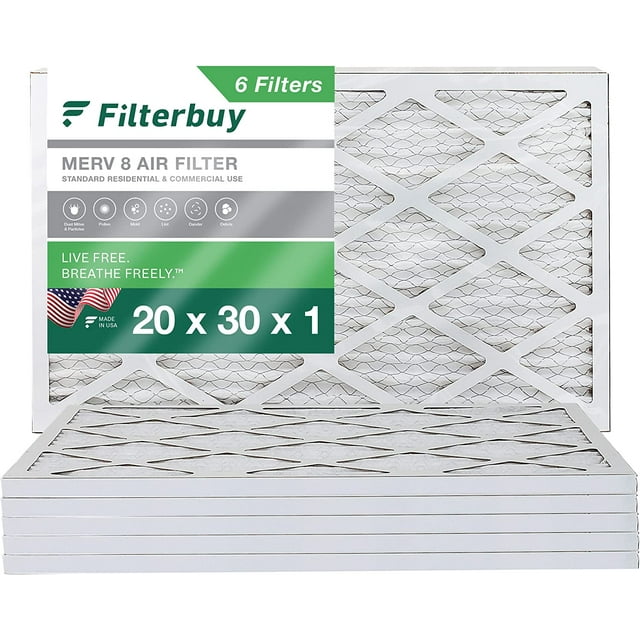 Filterbuy 20x30x1 MERV 8 Pleated HVAC AC Furnace Air Filters (6Pack