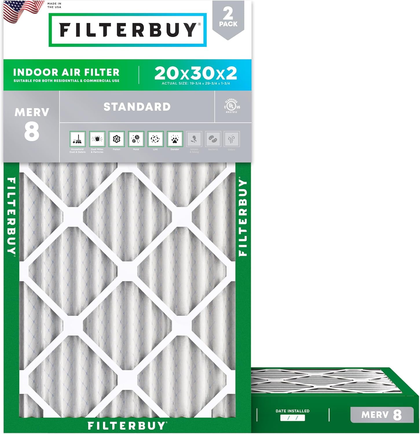 Filterbuy 20x30x2 Air Filter MERV 8 Dust Defense, Pleated HVAC AC Furnace Filter Replacement, 2-Pack