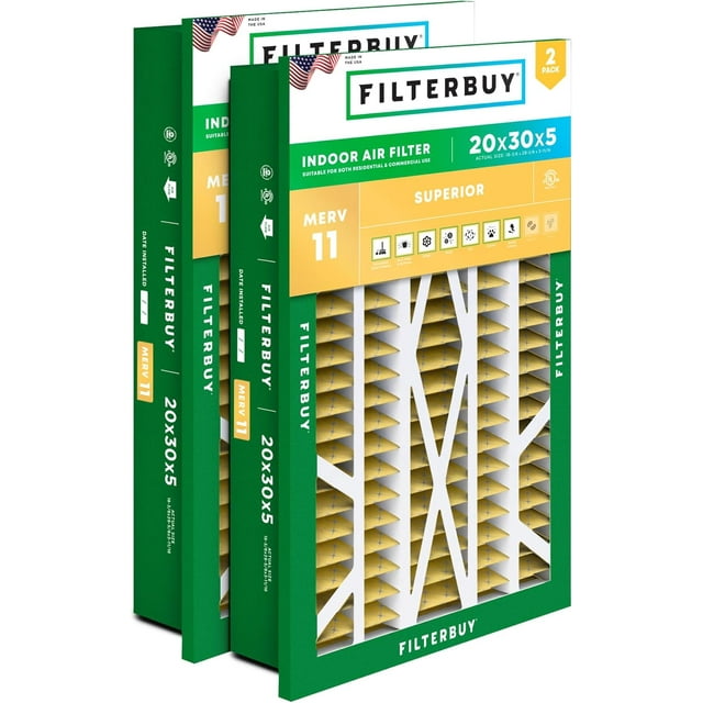Filterbuy 20x30x5 MERV 11 Allergen Defense, Pleated HVAC AC Furnace Air Filters for Honeywell Return Grille (2-Pack)