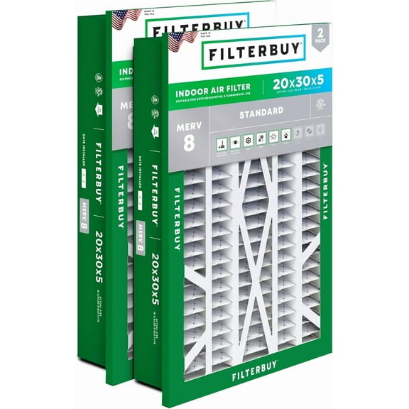 Filterbuy 20x30x5 MERV 8 Dust Defense, Pleated HVAC AC Furnace Air Filters for Honeywell Return Grille (2-Pack)