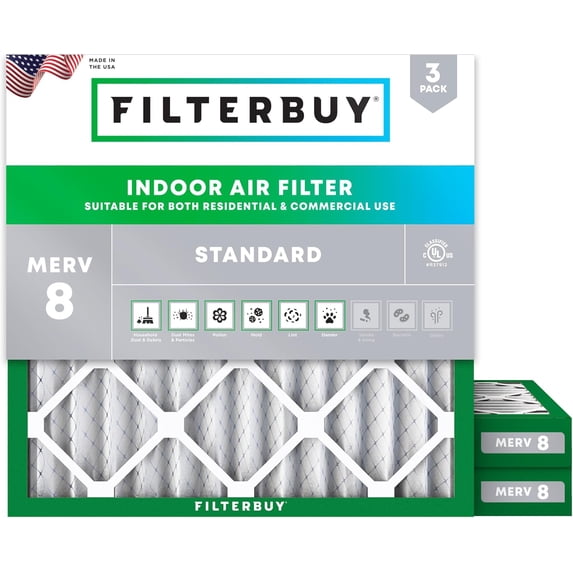 Filterbuy 21.25x21.25x2 Air Filter MERV 8 Dust Defense, Pleated HVAC AC Furnace Filter Replacement, 3-Pack