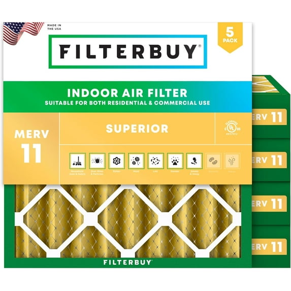 Filterbuy 21x21x4 Air Filter MERV 11 Allergy Defense, Pleated HVAC AC Furnace Filter Replacement, 5-Pack