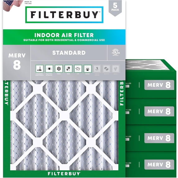 Filterbuy 21x22x4 Air Filter MERV 8 Dust Defense, Pleated HVAC AC Furnace Filter Replacement, 5-Pack