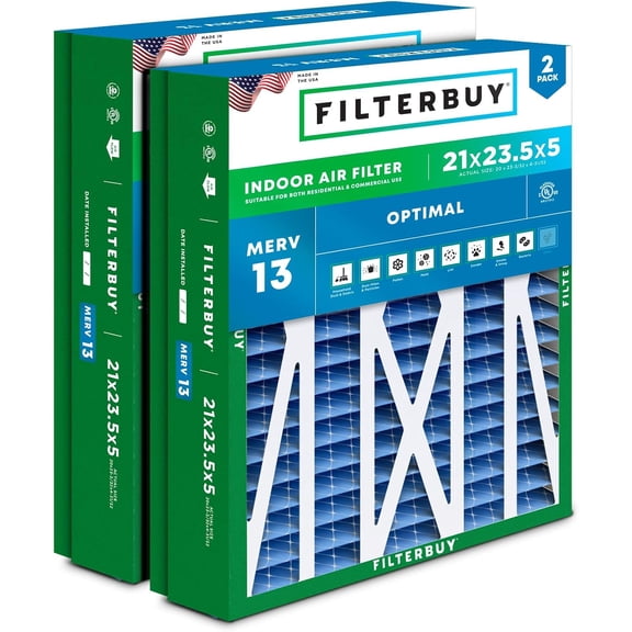 Filterbuy 21x23.5x5 Air Filter MERV 13 Smoke Defense, Pleated HVAC AC Furnace Filter Replacement for Trane Perfect Fit & American Standard, 2-Pack