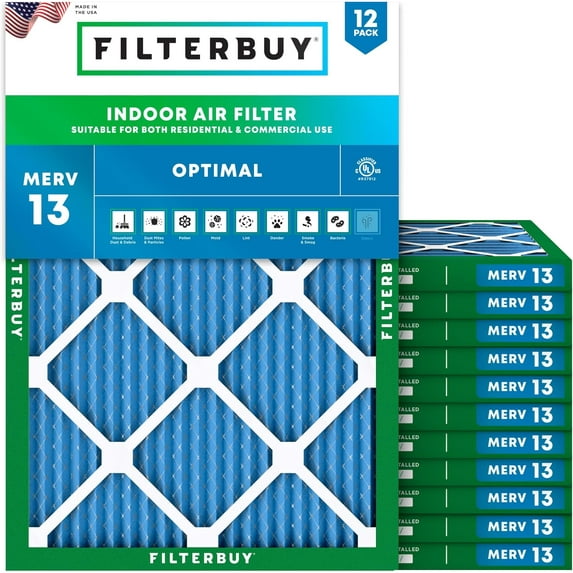 Filterbuy 21x23x1 Air Filter MERV 13 Smoke Defense, Pleated HVAC AC Furnace Filter Replacement, 12-Pack