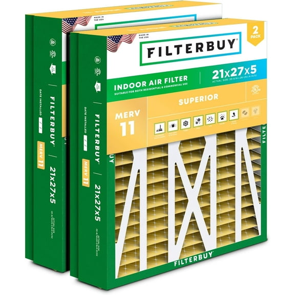 Filterbuy 21x27x5 Air Filter MERV 11 Allergy Defense, Pleated HVAC AC Furnace Filter Replacement for Trane Perfect Fit & American Standard, 2-Pack