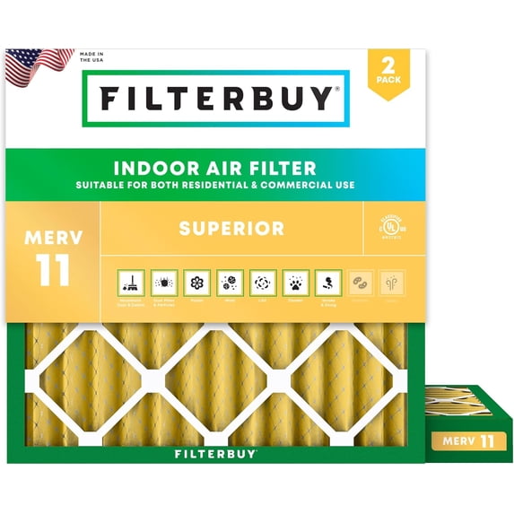 Filterbuy 22x22x2 Air Filter MERV 11 Allergy Defense, Pleated HVAC AC Furnace Filter Replacement, 2-Pack