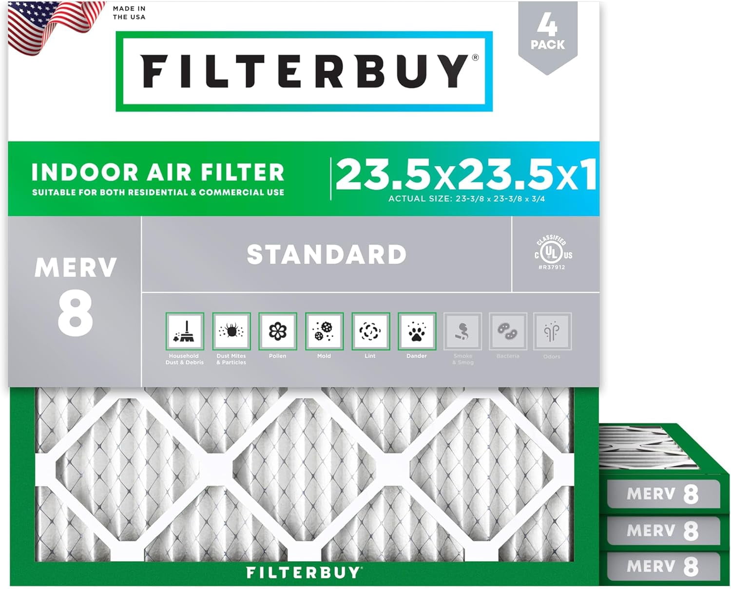 Filterbuy 23.5x23.5x1 Air Filter MERV 8 Dust Defense, Pleated HVAC AC Furnace Filter Replacement, 4-Pack