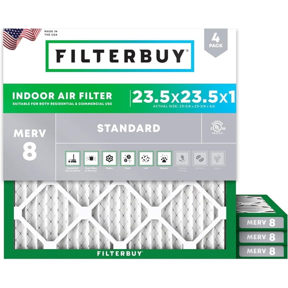 Filterbuy 23.5x23.5x1 Air Filter MERV 8 Dust Defense, Pleated HVAC AC Furnace Filter Replacement, 4-Pack