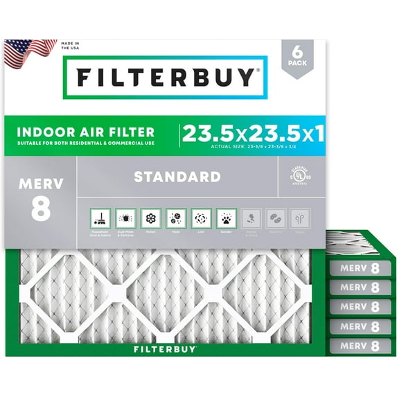 Filterbuy 23.5x23.5x1 MERV 8 Dust Defense, Pleated HVAC AC Furnace Air Filters (6-Pack)