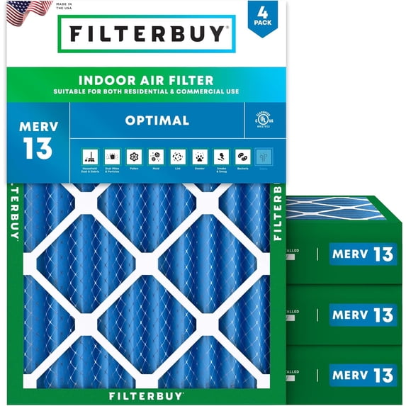 Filterbuy 23x25x4 Air Filter MERV 13 Smoke Defense, Pleated HVAC AC Furnace Filter Replacement, 4-Pack
