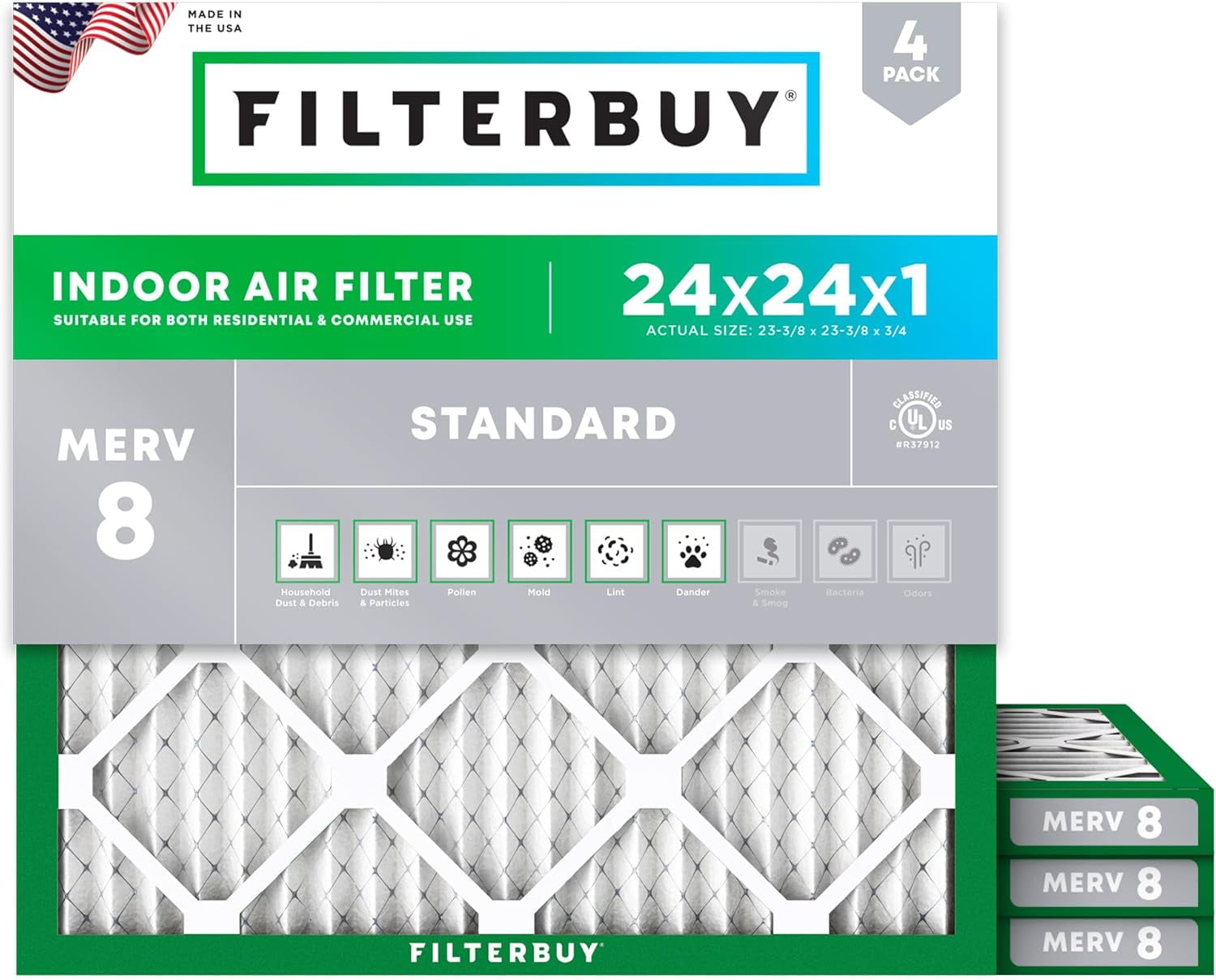 Filterbuy 24x24x1 Air Filter MERV 8 Dust Defense, Pleated HVAC AC Furnace Filter Replacement, 4-Pack