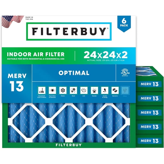 Filterbuy 24x24x2 Air Filter MERV 13 Smoke Defense, Pleated HVAC AC Furnace Filter Replacement, 6-Pack