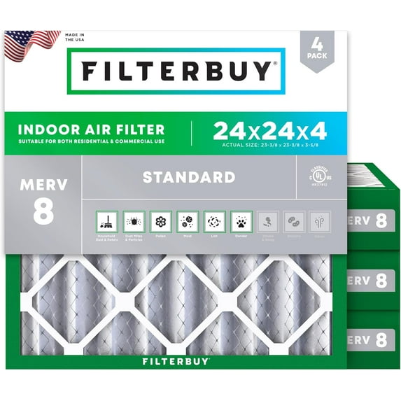 Filterbuy 24x24x4 Air Filter MERV 8 Dust Defense, Pleated HVAC AC Furnace Filter Replacement, 4-Pack