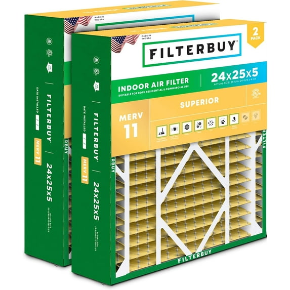 Filterbuy 24x25x5 MERV 11 Allergen Defense, Pleated HVAC AC Furnace Air Filters for Carrier FILXXCAR0024, Maytag, and More (2-Pack)