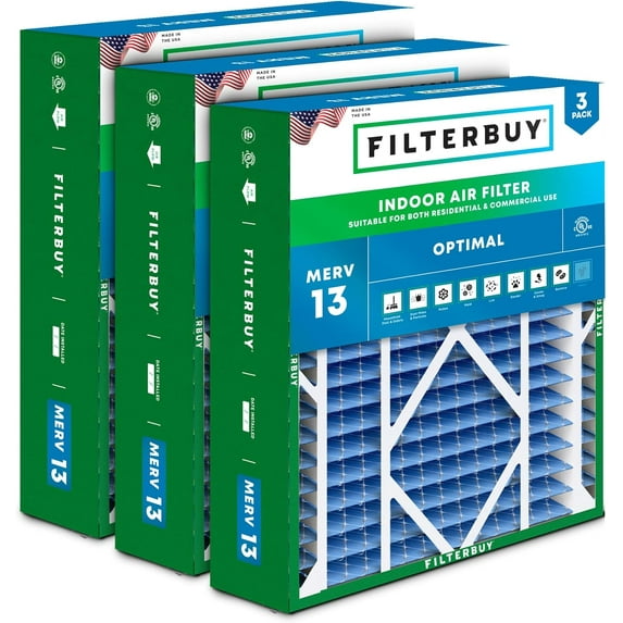 Filterbuy 24x25x5 MERV 13 Health Defense, Pleated HVAC AC Furnace Air Filters for Carrier FILXXCAR0024, Maytag, and More (3-Pack)