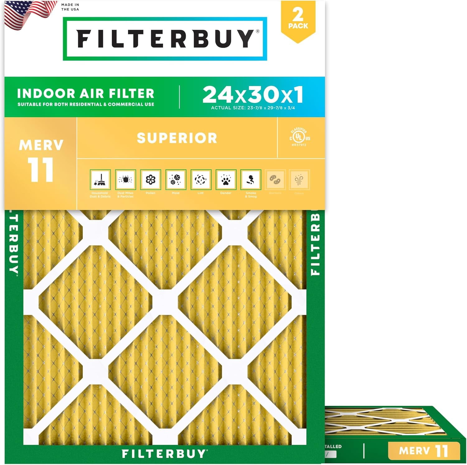 Filterbuy 24x30x1 Air Filter MERV 11 Allergy Defense, Pleated HVAC AC Furnace Filter Replacement, 2-Pack