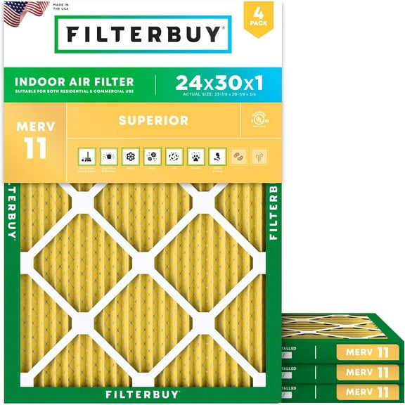 Filterbuy 24x30x1 Air Filter MERV 11 Allergy Defense, Pleated HVAC AC Furnace Filter Replacement, 4-Pack