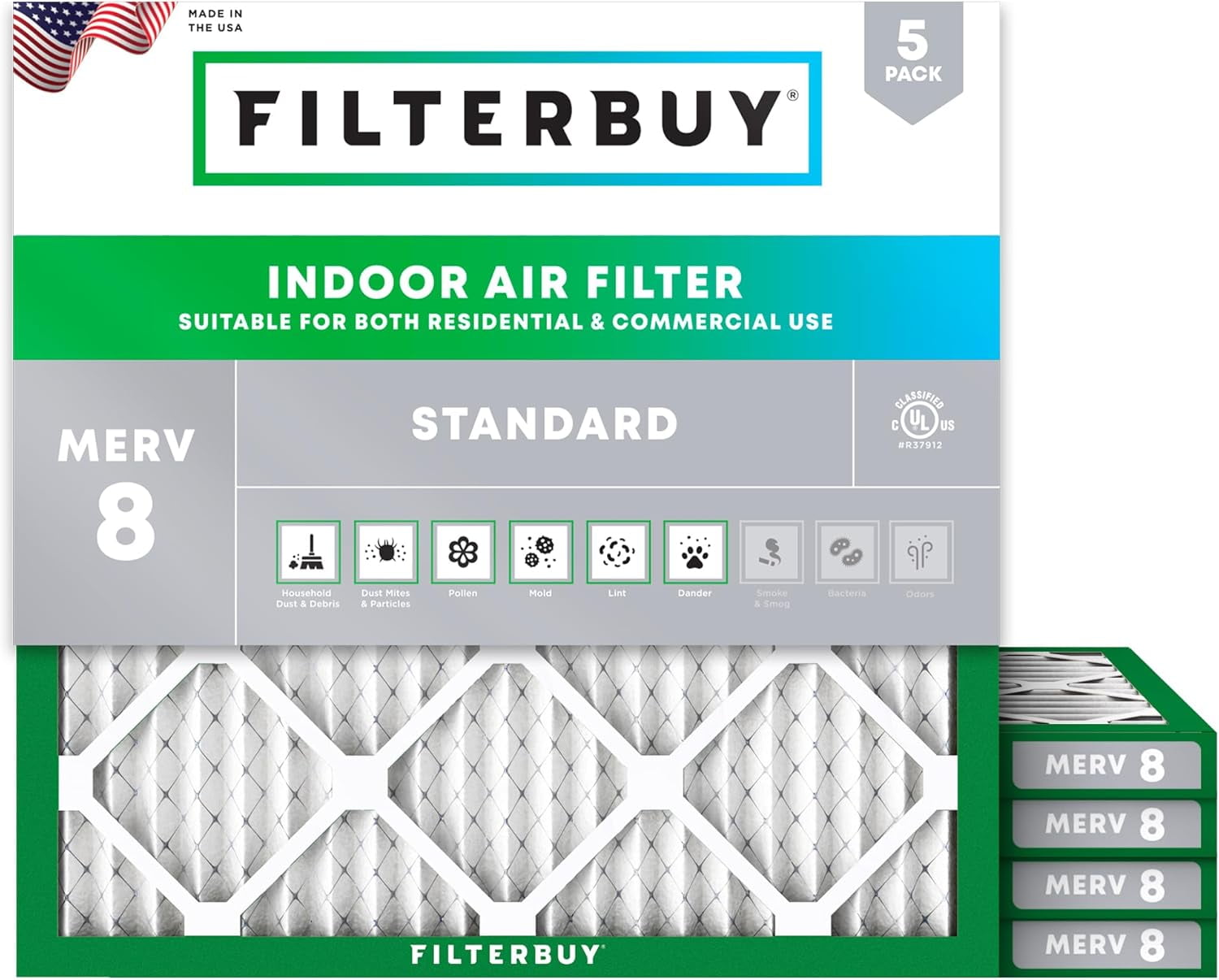 Filterbuy 25x25x1 Air Filter MERV 8 Dust Defense, Pleated HVAC AC Furnace Filter Replacement, 5-Pack