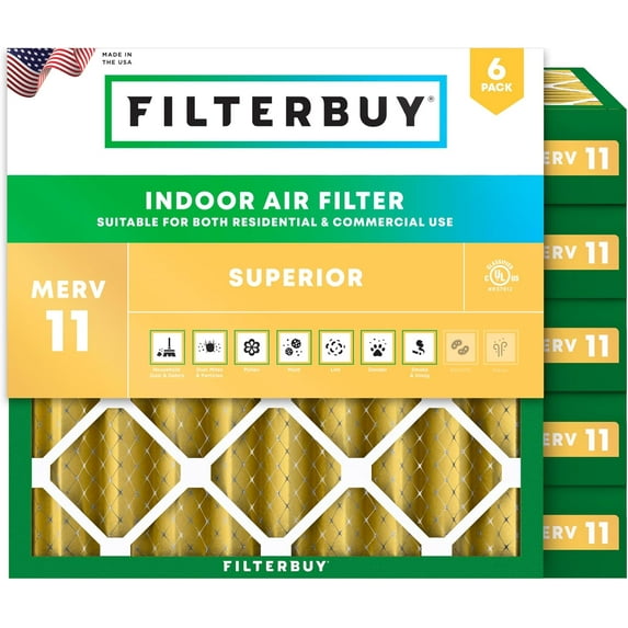 Filterbuy 25x25x4 Air Filter MERV 11 Allergy Defense, Pleated HVAC AC Furnace Filter Replacement, 6-Pack