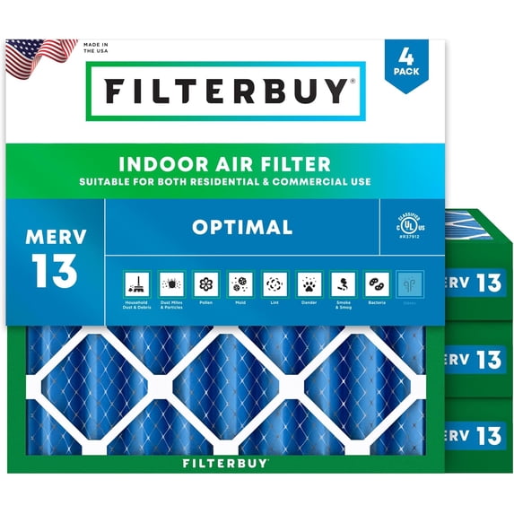 Filterbuy 25x25x4 Air Filter MERV 13 Smoke Defense, Pleated HVAC AC Furnace Filter Replacement, 4-Pack