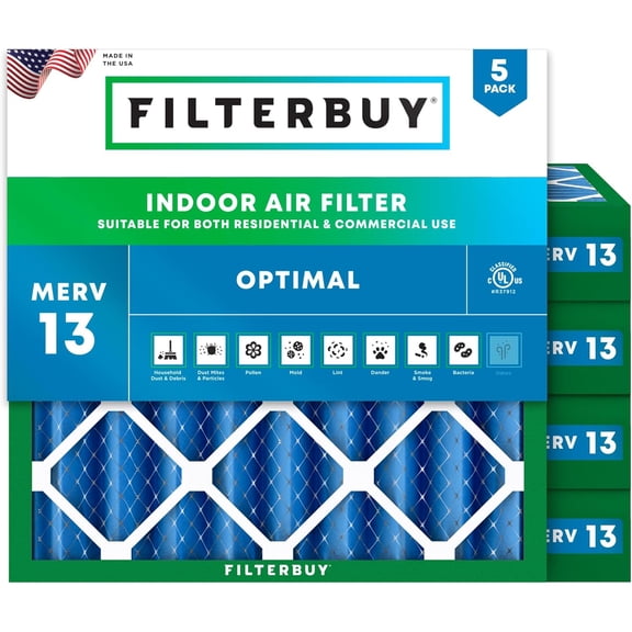 Filterbuy 25x25x4 Air Filter MERV 13 Smoke Defense, Pleated HVAC AC Furnace Filter Replacement, 5-Pack