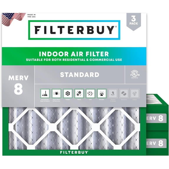 Filterbuy 25x25x4 Air Filter MERV 8 Dust Defense, Pleated HVAC AC Furnace Filter Replacement, 3-Pack