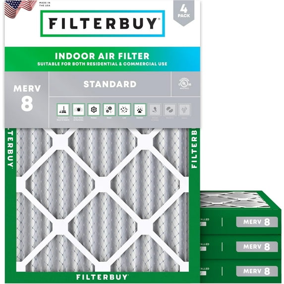 Filterbuy 25x28x2 Air Filter MERV 8 Dust Defense, Pleated HVAC AC Furnace Filter Replacement, 4-Pack