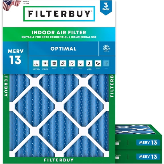 Filterbuy 25x32x2 Air Filter MERV 13 Smoke Defense, Pleated HVAC AC Furnace Filter Replacement, 3-Pack