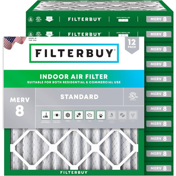 Filterbuy 28x28x2 Air Filter MERV 8 Dust Defense, Pleated HVAC AC Furnace Filter Replacement, 12-Pack