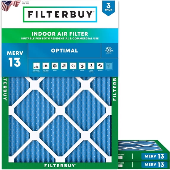 Filterbuy 28x30x1 Air Filter MERV 13 Smoke Defense, Pleated HVAC AC Furnace Filter Replacement, 3-Pack