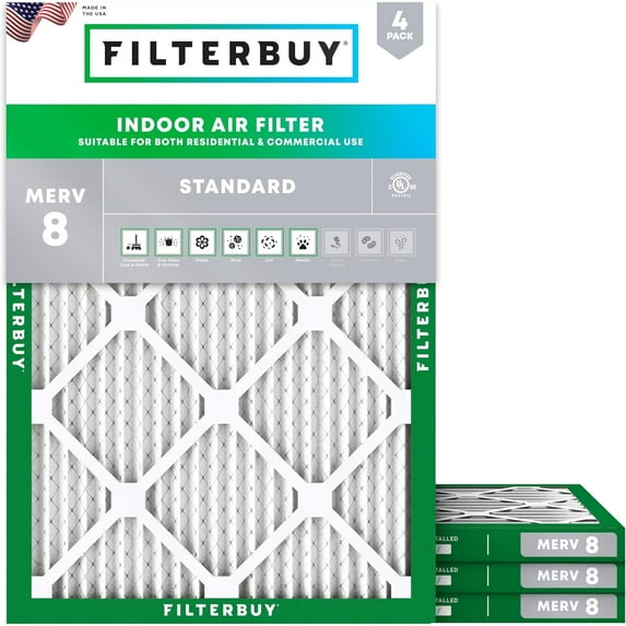 Filterbuy 30x32x1 Air Filter MERV 8 Dust Defense, Pleated HVAC AC Furnace Filter Replacement, 4-Pack