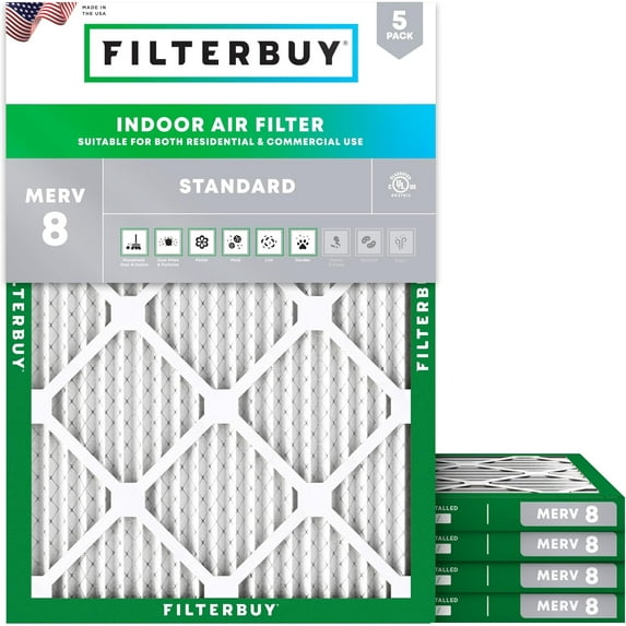Filterbuy 8x14x1 Air Filter MERV 8 Dust Defense, Pleated HVAC AC Furnace Filter Replacement, 5-Pack