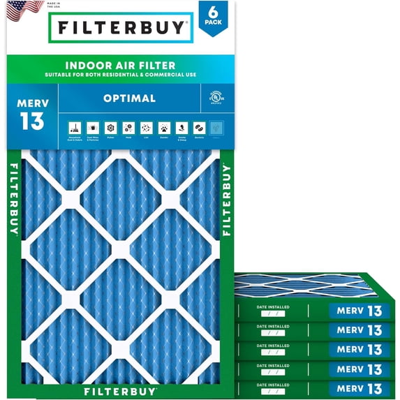 Filterbuy 8x16x1 Air Filter MERV 13 Smoke Defense, Pleated HVAC AC Furnace Filter Replacement, 6-Pack
