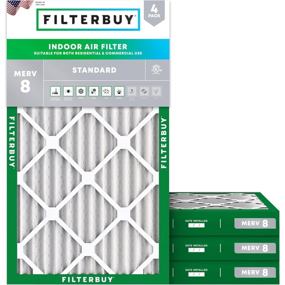 Filterbuy 8x16x2 Air Filter MERV 8 Dust Defense, Pleated HVAC AC Furnace Filter Replacement, 4-Pack