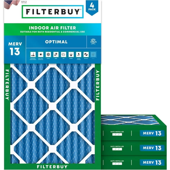 Filterbuy 8x20x2 Air Filter MERV 13 Smoke Defense, Pleated HVAC AC Furnace Filter Replacement, 4-Pack