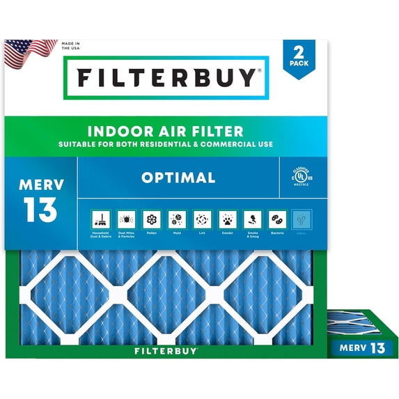 Filterbuy 8x8x1 Air Filter MERV 13 Smoke Defense, Pleated HVAC AC Furnace Filter Replacement, 2-Pack
