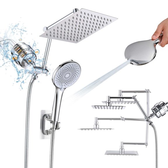 Filtered Handheld Rainfall Shower Head with 12 Inch Adjustable Extension Arm