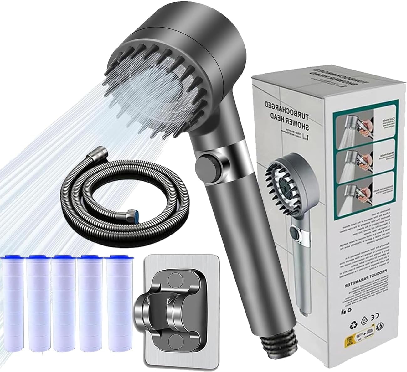 Filtered Handheld Shower Head, High Pressure Ion Drops Shower Head with 4 Spray Modes, ON/OFF Switch, 5 Filters & 4.9ft Hose for Enhanced Water & Pets Bath