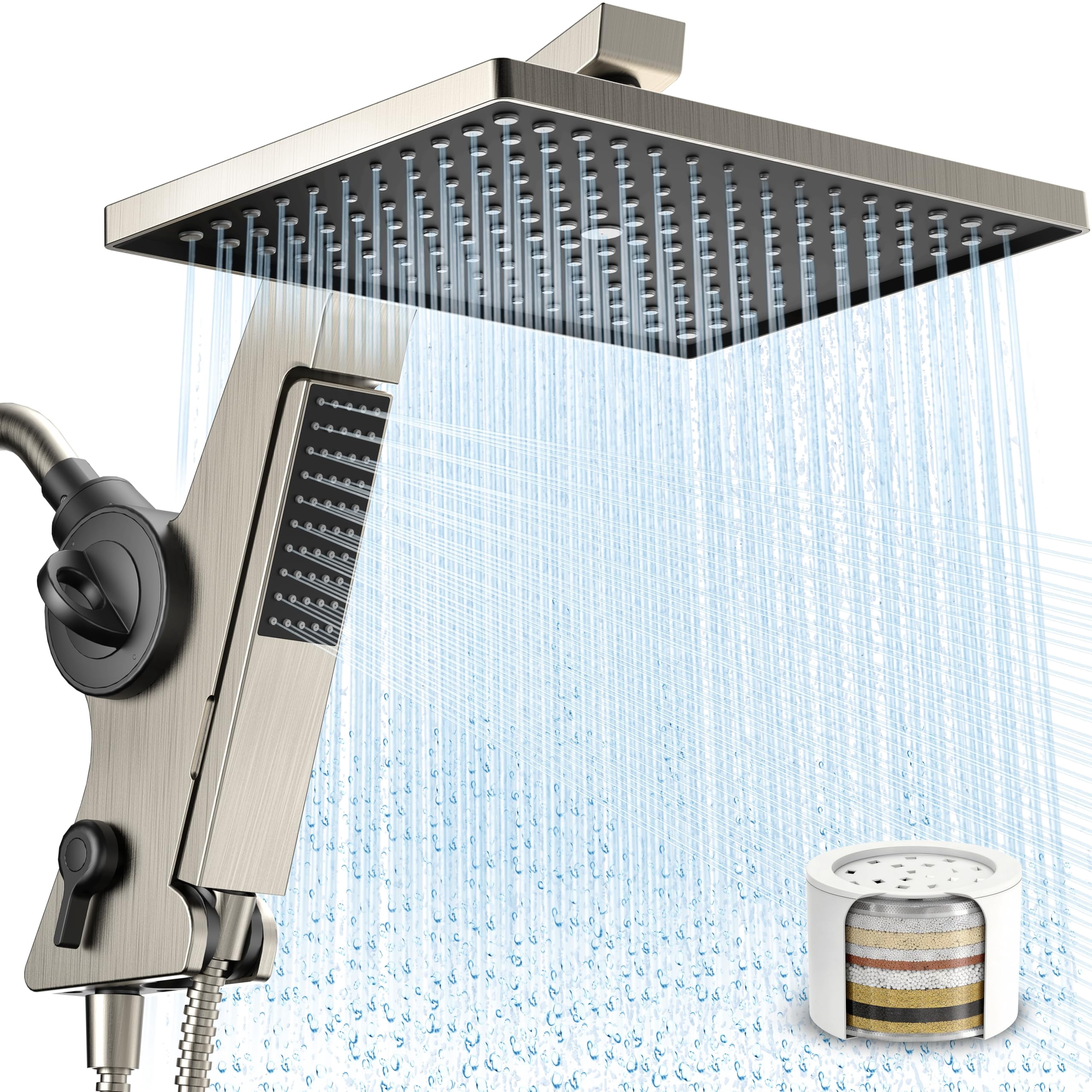 Filtered Rain Shower Head With Handheld Combo High 12'' Rainfall Heads & Detachable Wand Dual Showerhead Water Softener For Hard Easy Filter Replacement