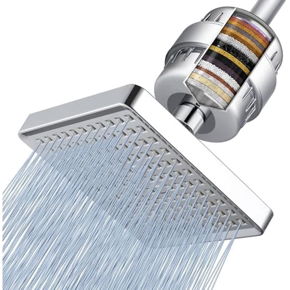 Filtered Shower Head - 20 Stage Luxury Rain Shower Filter For Hard Water for Remove Chlorine and Harmful Substances - 6" Square High Pressure Rainfall Showerhead (Chrome)