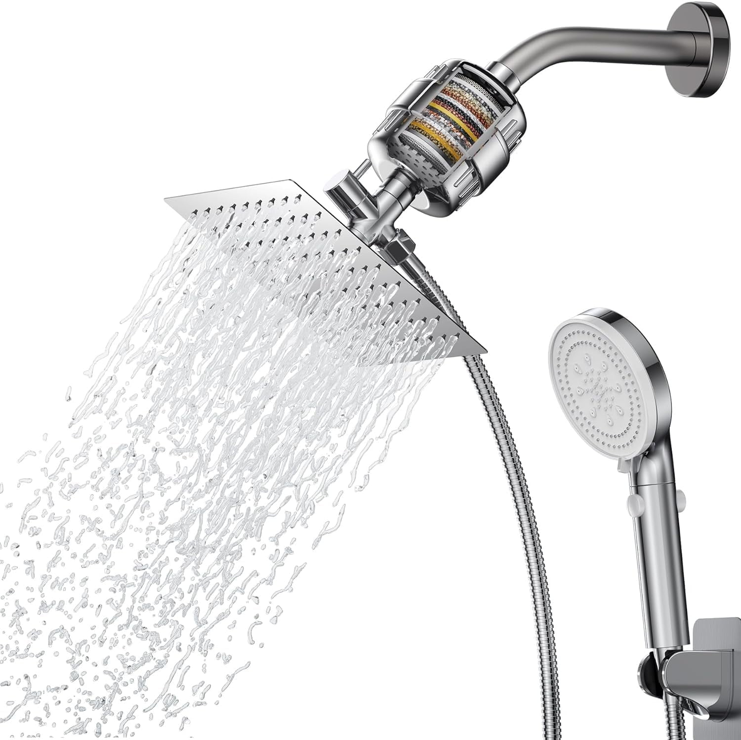 Filtered Shower Head 20 Stage Shower Filter 8 Rain Shower Head with Handheld Showerhead Combo for Hard Water Detachable 5 Modes High Pressure Shower with 60" Stainless Steel Hose & Holder, Chrome