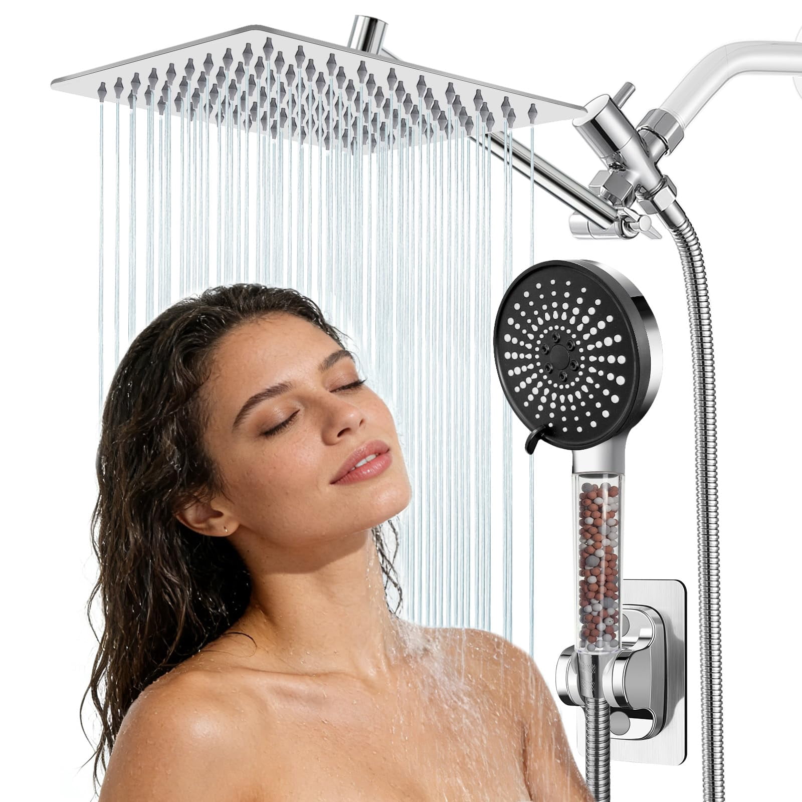 Filtered Shower Head 8 Inch Rain With Handheld Spray Combo  Adjustable High Rainfall Dual Showerhead Set Extension Arm And 60 Long Hose