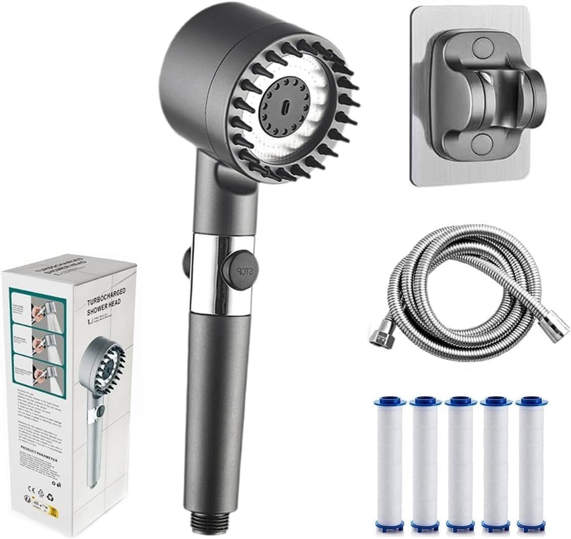 Filtered Shower Head with Handheld Sprayer - High Pressure 5-Spray Showerhead with On/Off Switch & 59" Hose, Water Saving Design, Includes Replaceable Filter Cartridge