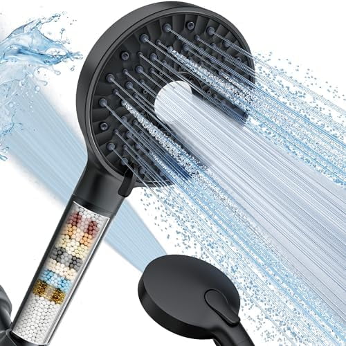 Filtered Shower Head with Handheld, High Pressure 10-Spd Detachable Chrome Showerhead with Stainless Hose, Water Softener Filter Beads for Hard Water - Remove Chlorine, Black