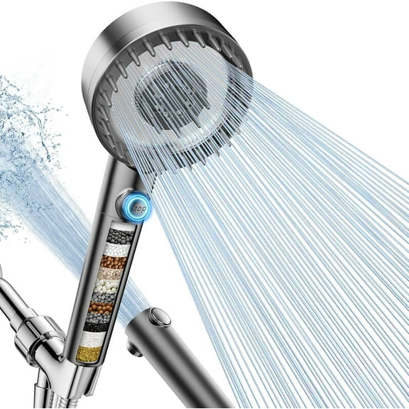 Filtered Shower Head with Handheld, High Pressure 4 Spray Mode Showerhead Filters, Water Softener Filter Beads for Hard ON/OFF Switch Pets - Remove Chlorine (Gray)