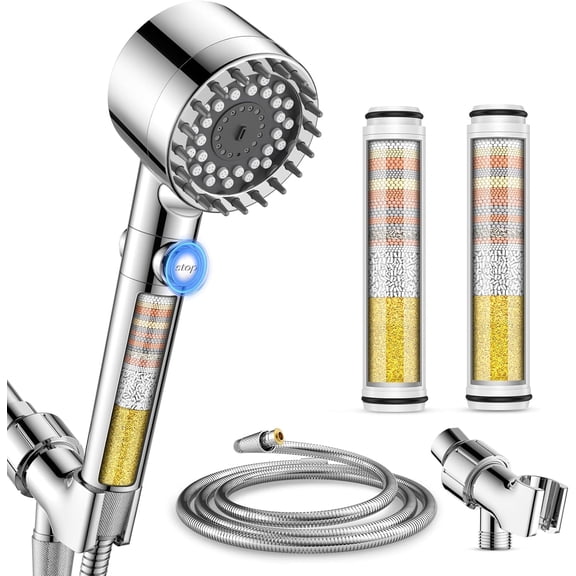Filtered Shower Head with Handheld, High Pressure 4 Spray Showerhead with ON/OFF Switch, Shower Heads with 2 Filters for Hard Water Remove Chlorine, Reduce Dry Itchy Skin