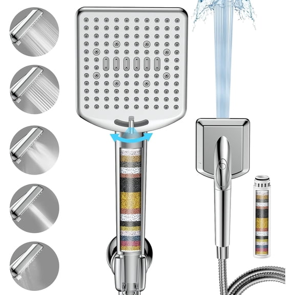 Filtered Shower Head with Handheld - High Pressure 6 Modes, Anti-clog Nozzles, Detachable Showerhead with Hard Water Filters, Extra Long Hose, Power Wash Mode