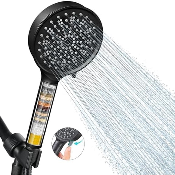 Filtered Shower Head with Handheld, High Pressure 6 Spray Mode Showerhead with Filters, Water Softener Filters Beads for Hard Water - Remove Chlorine - Black