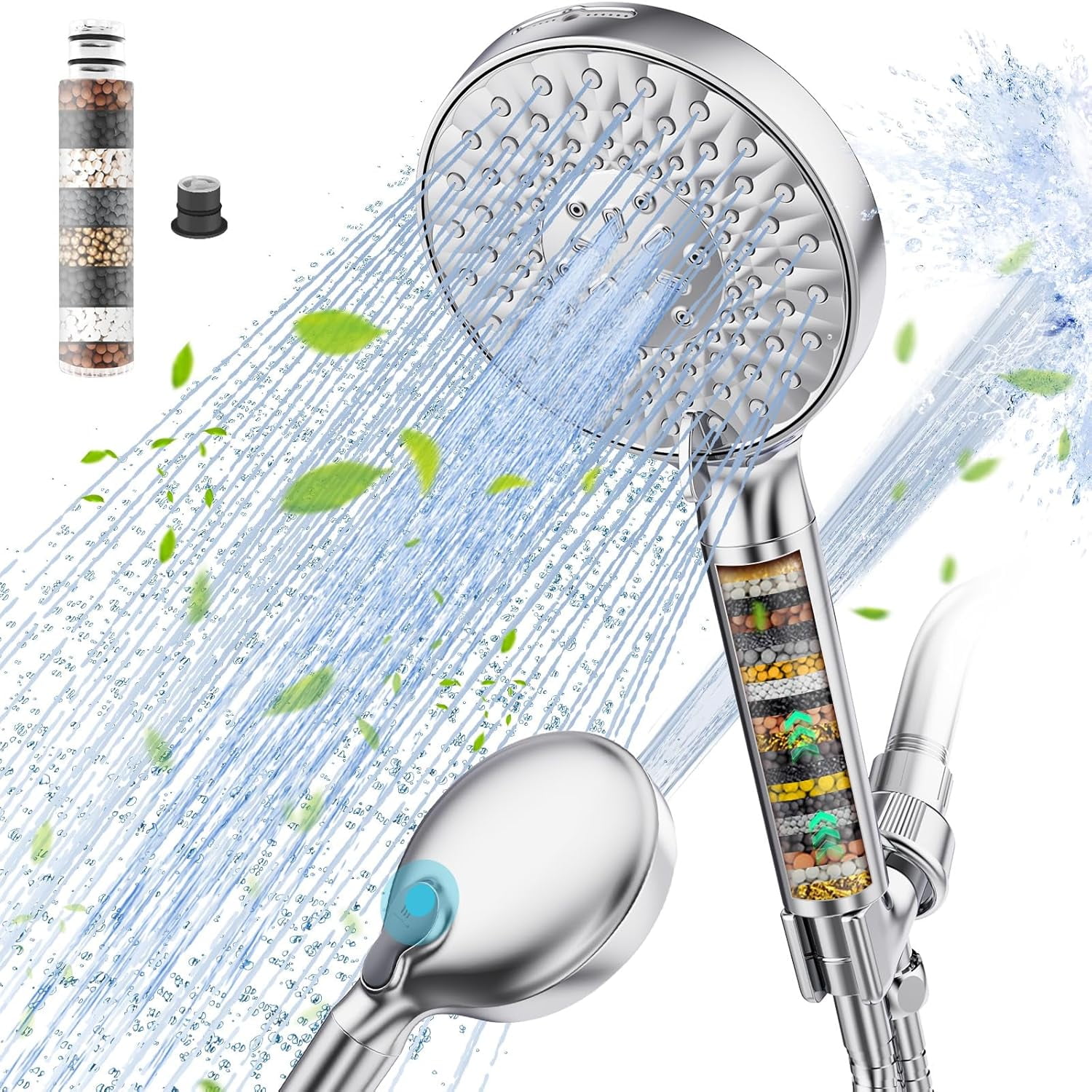 Chrome Handheld Shower Head with Filter and 9 Spray Modes